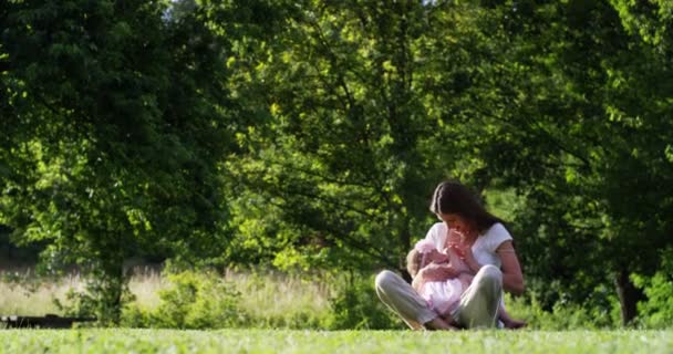 Mom Little Girl Playing Happily Nature Mother Takes Baby Her — Stock Video
