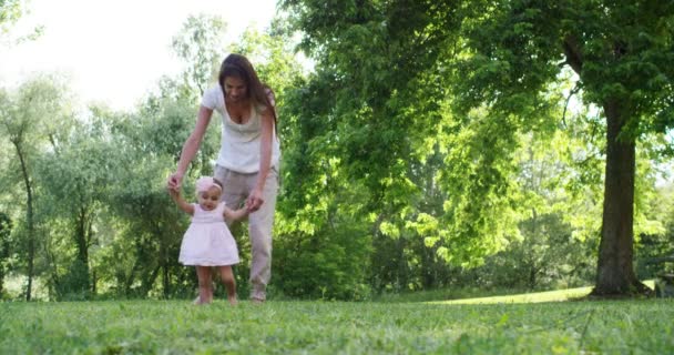 Moeder Meisje Gelukkig Spelen Natuur Moeder Neemt Baby Haar Armen — Stockvideo