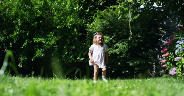 Een Zonnige Zomerdag Een Klein Meisje Dansen Leuk Gelukkig Concept — Stockvideo