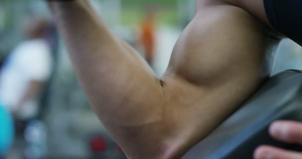 Culturista Guy Gimnasio Trabaja Con Una Barra Press Banca Mejorar — Vídeo de stock