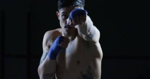 Профессиональный Боксер Борется Тренируется Боксерские Перчатки Техника Удара Стойка Защита — стоковое видео