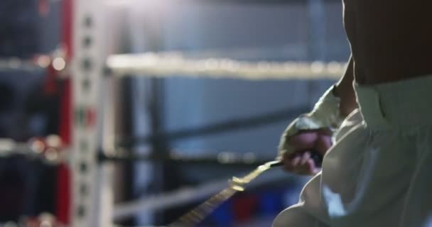 Dia Ginásio Boxe Boxeador Profissional Está Lutando Treinando Luvas Boxe — Vídeo de Stock