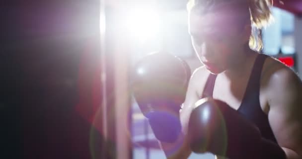 Video Caucasian Woman Boxing Punching Bag — Stock Video