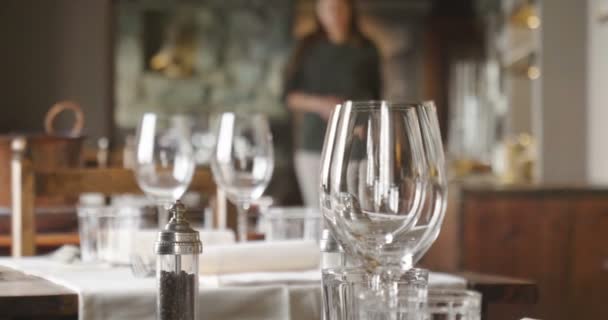 Waiter Sets Table Restaurant Customers Arrive Uses Fine Cutlery Glasses — Stock Video