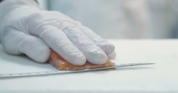 Chef Uma Cozinha Profissional Corta Filé Salmão Com Uma Faca — Vídeo de Stock