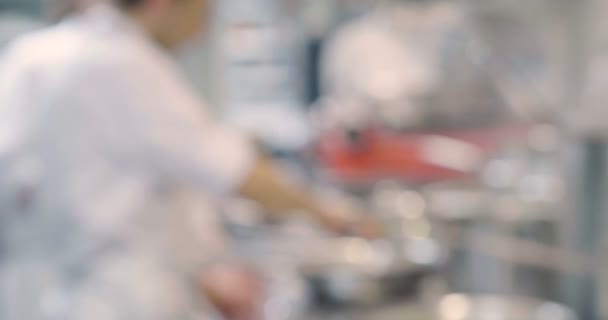 Несосредоточенный Разговор Шеф Поварами Профессиональной Кухне Готовящими Блюда Своего Ресторана — стоковое видео