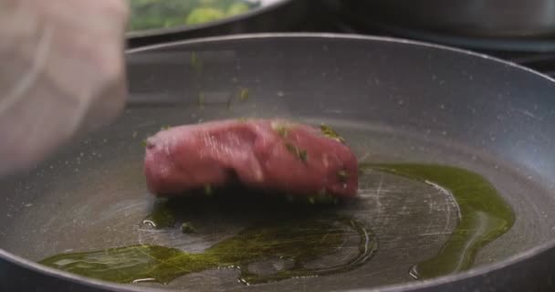 Chef Dans Une Cuisine Professionnelle Cuisine Filet Tendre Viande Dans — Video