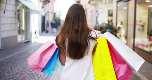 Back View Vídeo Shopper Woman Carrying Colful Shopping Bags Walking — Vídeo de Stock