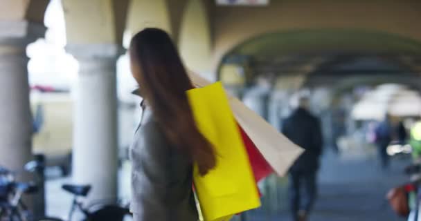 Video Sonreír Girando Alrededor Mujer Comprador Sosteniendo Coloridas Bolsas Compras — Vídeos de Stock