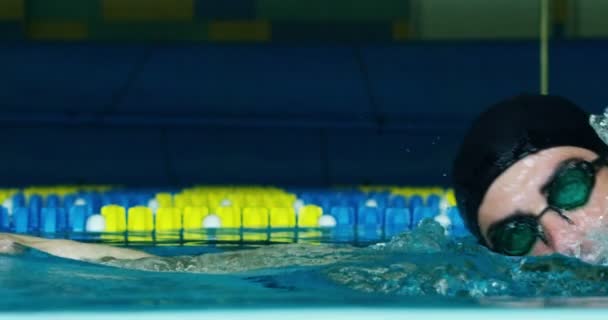 游泳在泳池里训练 游泳让你保持健康 是他们训练身体所有肌肉的运动之一 — 图库视频影像