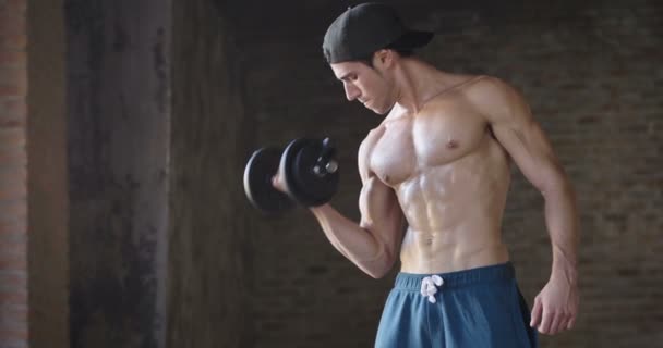 Vídeo Homem Bonito Muscular Fazendo Exercício Com Haltere Câmera Lenta — Vídeo de Stock