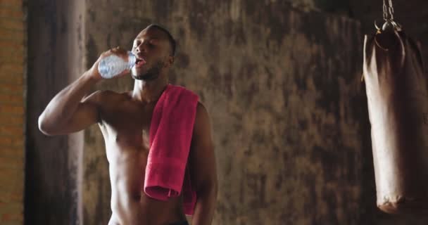 Video Handsome Shirtless Muscular Boxer African Man Drinking Water While — Stock Video