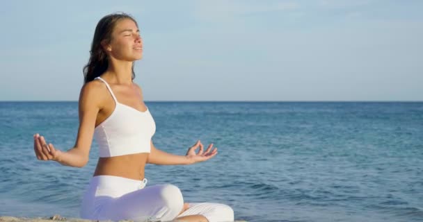 Vídeo Mujer Haciendo Yoga Aire Libre Agua Mar — Vídeo de stock