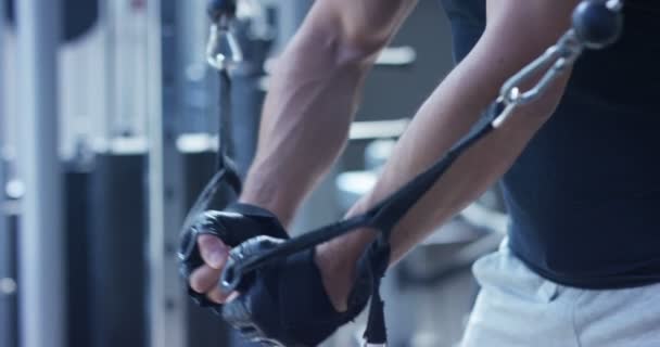 Culturista Guy Gimnasio Trabaja Con Una Barra Press Banca Mejorar — Vídeos de Stock