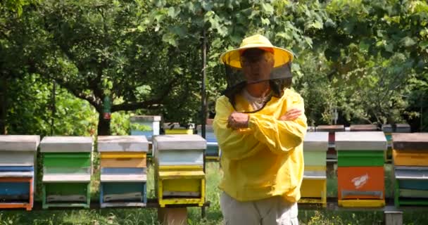 Imker Verzorgt Bijen Honingraten Een Heleboel Honing Een Beschermende Imker — Stockvideo