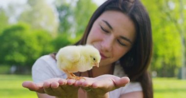 Güneşli bir günde, bir küçük sarı tutan genç güzel kız gülümseyerek tavuk ellerini, yeşil çim ve ağaçların, arka planda kavramı: çevre, aşk, ekoloji, genç kız, güzel doğası.