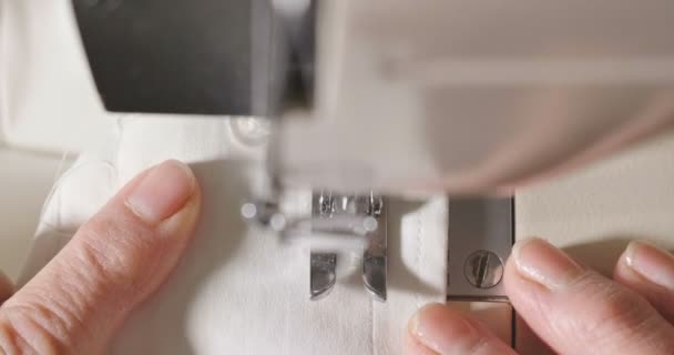 Super Slow Motion Professional Sewing Machine Stitching White Thread Italian — стоковое видео