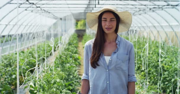 Vídeo Mujer Agricultora Invernadero Agrícola Con Plantas Crecimiento Sonriendo Mostrando — Vídeo de stock