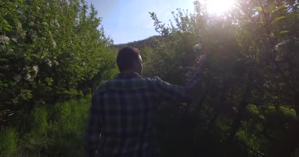 Vista Joven Granjero Caminando Hermoso Jardín Granja Con Árboles Atardecer — Vídeos de Stock