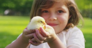 Hayat, en güzel kız, en iyi anları kavramı Park yeşil çim ve ağaçların, arka plan üzerinde küçük chickens(yellow) ile çalış: çocuk, aşk, ekoloji, çevre, gençlik.