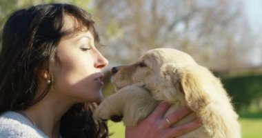 Kızı kucağına, oyun, öpüyor, onun köpek doğurmak golden retriever köpek yavrusu safkan ile trenler. Oyun ve mutlu ve gülümseme. Konsept: kukla, hayvanları, yumuşaklık ve doğa sevgisi.