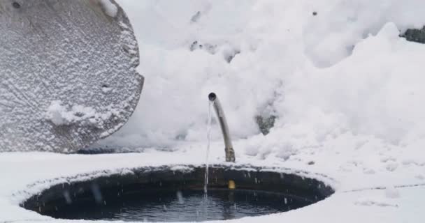 Bron Van Zuiver Vers Bergwater Terwijl Het Water Gutst Sneeuw — Stockvideo