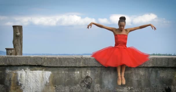 Pieds Ballerine Souples Dansant Dans Une Robe Rouge Chaussures Ballet — Video