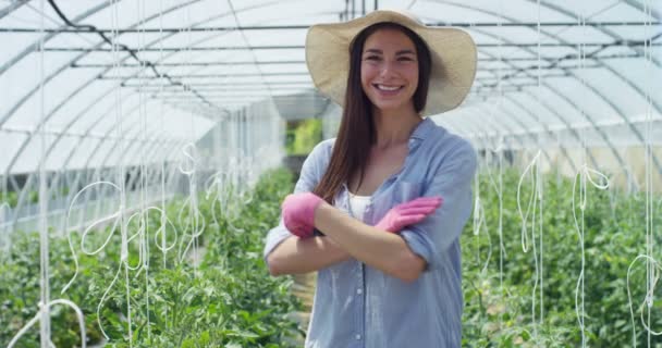 Vídeo Agricultor Sorridente Mulher Casa Verde Agrícola Com Plantas Crescimento — Vídeo de Stock