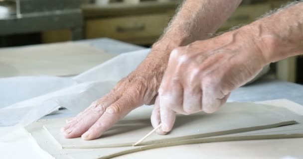 Elderly Artisan His Creative Workshop Who Handmade Clay Mold Create — Stock Video