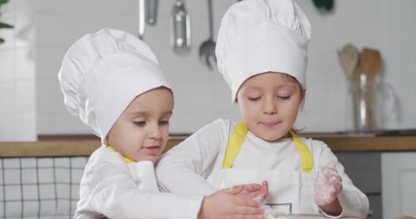 Zwei Kleine Mädchen Der Küche Bereiten Essen Ein Dessert Für — Stockvideo