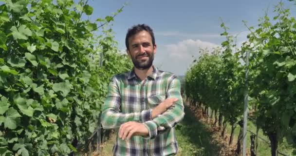 Farmer Portrait Relaxes Camera Looks Checks Grape Fields Background Greenery — Stock Video