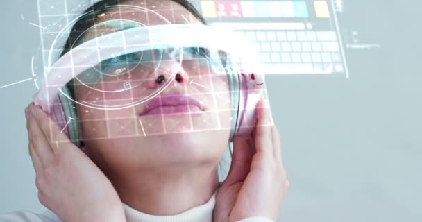 Woman Watches Futuristic Look Glasses Augmented Reality Holography — Stock Video