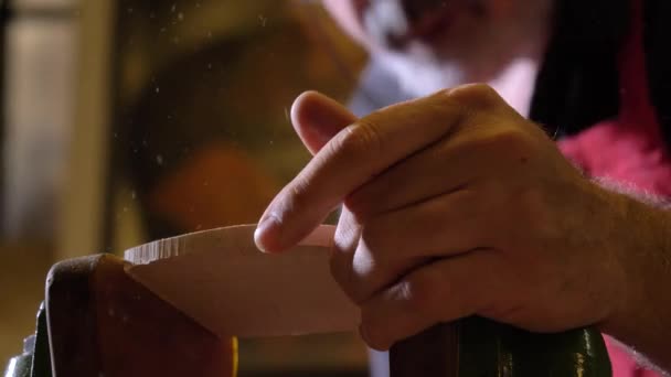 Професійний Майстер Скрипки Робить Скрипку Своїми Руками Використовує Чисте Дерево — стокове відео