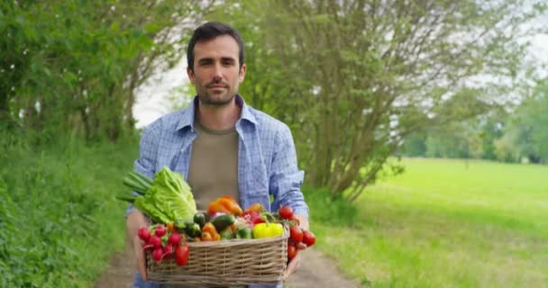 Vídeo Granjero Guapo Campo Dando Cesta Con Verduras Cosecha — Vídeo de stock