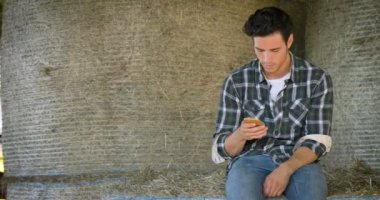 yakışıklı Kafkas adam akıllı telefon kullanarak ve Hay Bale oturan video