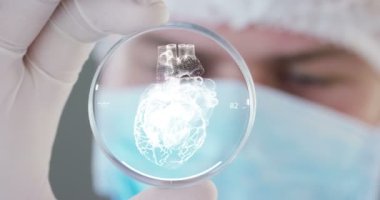 Bir doktor, cerrah, bir teknolojik inceliyor dijital holografik plaka temsil hastanın vücut, kalp akciğer, kaslar, kemikler. Konsept: Futuristik tıp, insan vücudu ve gelecek.