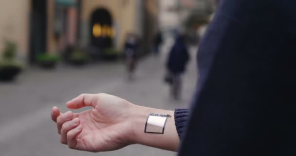 Man Answers Wife Who Smiles Waves Phone Appears Hologram Clock — Stock Video