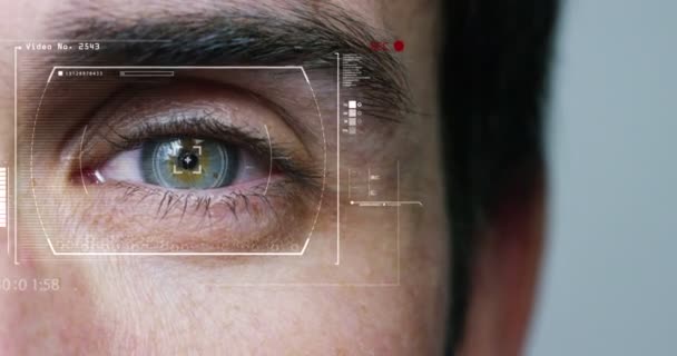 Emberi szem Scan technológia felület animáció kék szemvizsgálatra extrém makró. ember és gép közötti összefonódás. futurisztikus digitális interfész. koncepciója és a kibővített valóság futurisztikus jövőkép