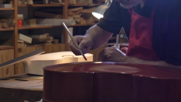 Mestre Violino Profissional Faz Violino Com Próprias Mãos Usa Abeto — Vídeo de Stock