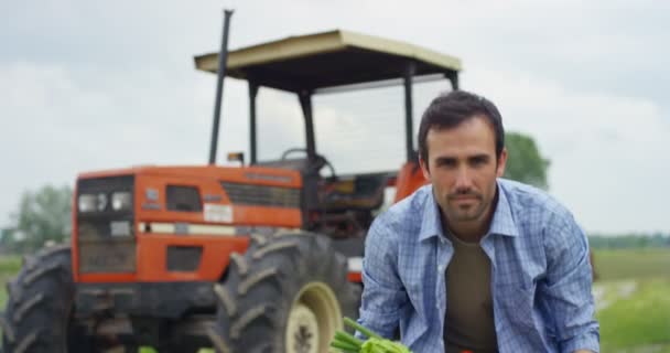 Vídeo Granjero Guapo Campo Mostrando Cesta Con Verduras Cosecha Tractor — Vídeos de Stock