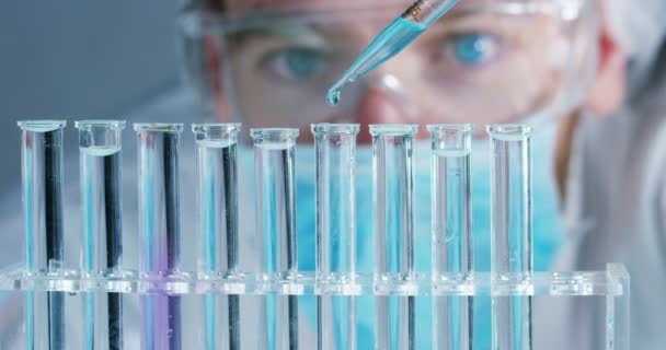 実験室では ピペットを持った科学者が色のついた液体を分析し 試験管内のDnaや分子を抽出します 生化学 医薬品 — ストック動画