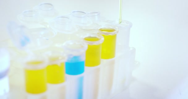 未来の実験室でピペットと科学者の分析 Dna と試験管コンセプト研究生化学没入型技術拡張現実の分子を抽出する着色液 — ストック動画