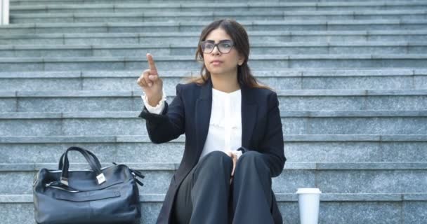 Video Businesswoman Suit Sitting Stairs Touching Hologram Globe Planet — Stock Video