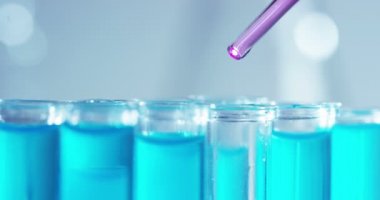 Bir laboratuarda, pipetli bir bilim adamı test tüplerindeki DNA ve molekülleri ayırmak için renkli bir sıvıyı analiz eder. Konsept: araştırma, biyokimya, doğa, ilaç