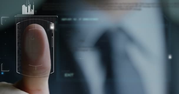 Podnikatel Skenování Otisků Prstů Biometrické Identitu Schválení Koncepce Budoucnosti Zabezpečení — Stock video