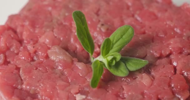 Chef Prepara Prato Gourmet Tartare Carne Termina Preparação Com Toque — Vídeo de Stock