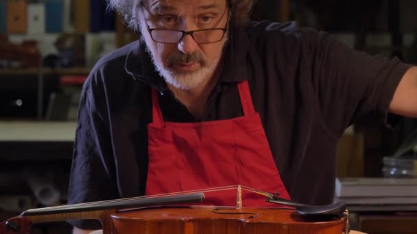 Maestro Del Violín Profesional Hace Violín Con Sus Propias Manos — Vídeo de stock