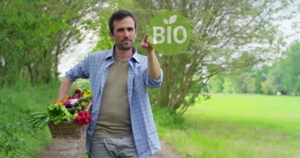 야채와 바구니를 시골에서 남자의 비디오 만지는 홀로그램 바이오 — 비디오