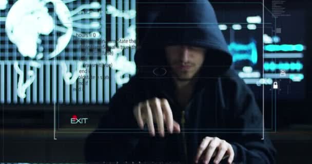 Hacker se snaží vstoupit do systému Zjistěte bezpečnostní heslo pomocí kódů a čísel. Hacker zadá software k ukradení přihlašovacích údajů. Koncepce: dokonalé technologie, rozšířená realita