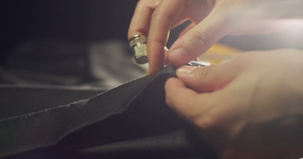 Slow Motion Hand Young Tailor Who Draws Pencil His Study — Stock Video